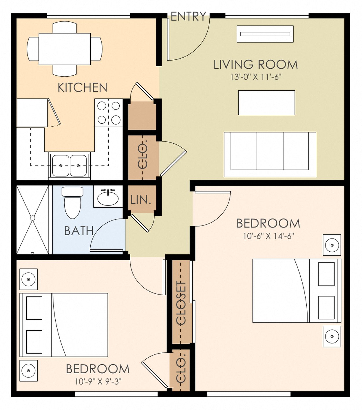 Floor plan for 2 beds, 1 bath, 615 sqft
